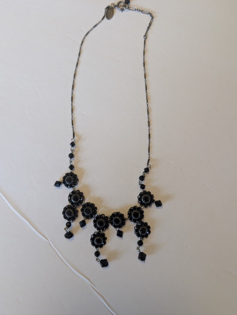 Vintage Liz Palacio Of S. F Black Floral Crystal Statement Necklace -